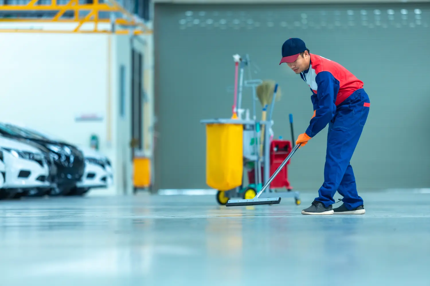 Asiatischer Arbeiter in einem Autoreparaturservicezentrum, der mit Wischmopps Wasser vom Epoxidboden rollt.